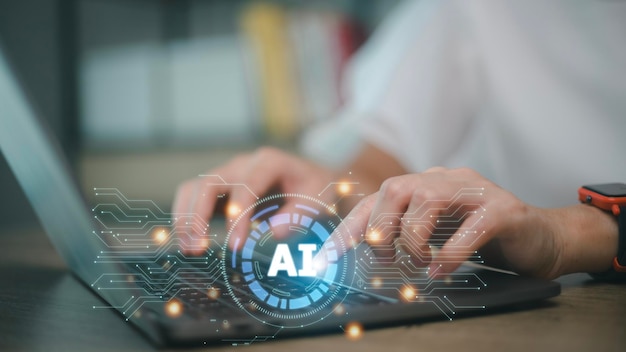 Technologie en mensen concept vrouw gebruiken AI om te helpen werken AI Learning en Artificial Intelligence Concept Business moderne technologie internet en netwerkconcept AI-technologie in het dagelijks leven