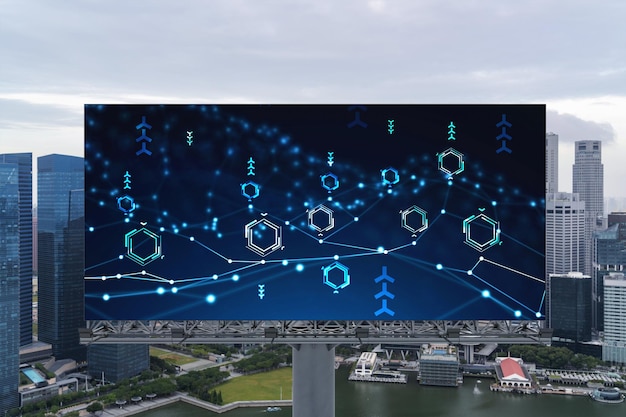Technologie hologram op billboard over panorama uitzicht op de stad van Singapore De grootste technische hub in Zuidoost-Azië Het concept van het ontwikkelen van codering en hightech wetenschap