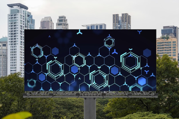 Technologie hologram op billboard over panoramisch uitzicht op de stad van Bangkok De grootste technische hub in Zuidoost-Azië Het concept van het ontwikkelen van codering en hightech wetenschap