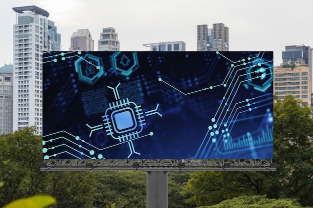 Technologie hologram op billboard over panoramisch uitzicht op de stad van Bangkok De grootste technische hub in Zuidoost-Azië Het concept van het ontwikkelen van codering en hightech wetenschap