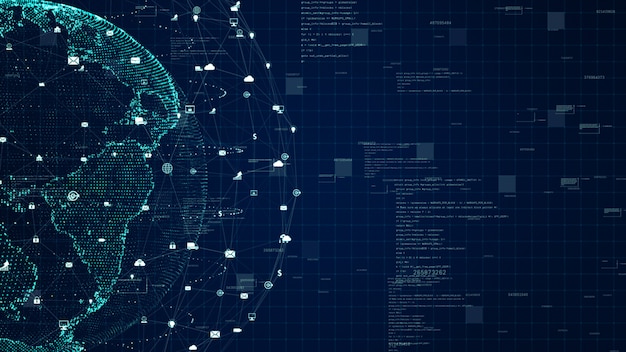 Technologie netwerk dataverbinding, digitaal datanetwerk en cyberveiligheidsconcept. Aarde-element ingericht door NASA.