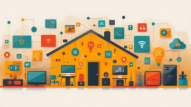 Foto technologie slim huis met verbonden apparaten en digitale pictogrammen gloeiend huis met symboliek