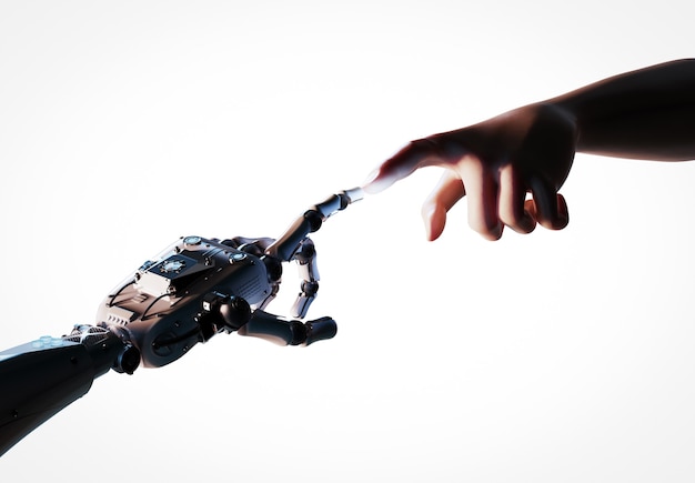 Foto technologie verbindingsconcept met 3d-rendering robot hand verbinden met menselijke hand