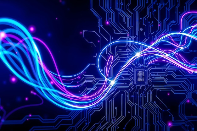 Technologie verbonden blauwe lijnen met elektronische elementen op technische achtergrond