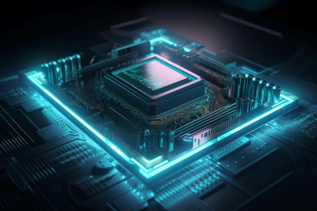 Technologieconcept een Microchip Wit Neon Gegevensstromen tussen de CPU en de gebruiker over een futuristische 3D-weergave van het moederbord