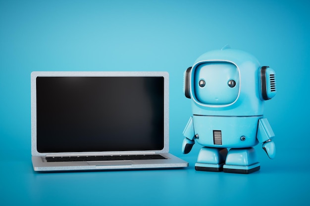 Technologies of artificial intelligence A small blue robot next to a laptop on a blue background 3D render