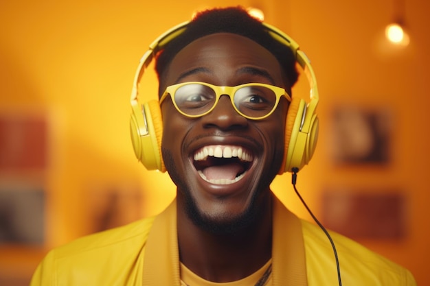 Technologies for fun cheerful black hipster guy listening music in wireless headphones and singing