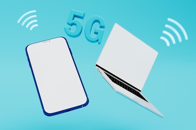 ラップトップやスマートフォンの 3 d レンダリング用の将来の高速 5G インターネットの技術