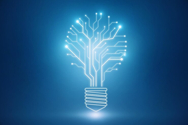 Foto technologisch opstarten en idee concept met gloeiende grafische gloeilamp microschakeling op abstracte blauwe achtergrond 3d-rendering