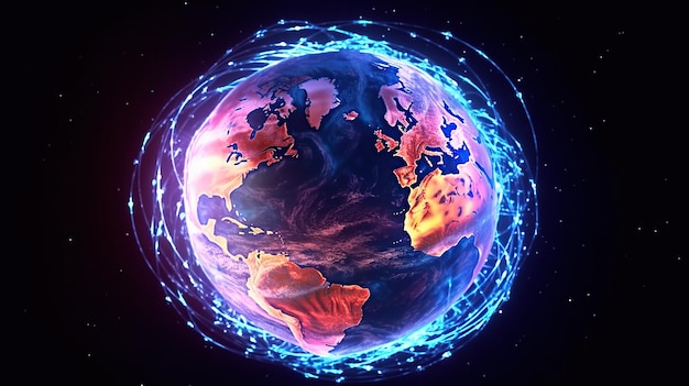 Technologische achtergrond van het hologram planeet Aarde Verbindingslijnen rond de aarde