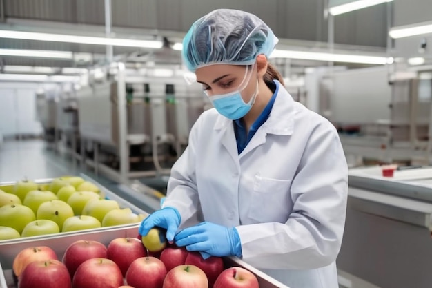 사진 식품 가공 공장에서 사과 생산의 품질 관리를 하는 기술자