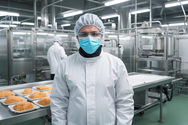 Foto technologist in beschermend wit pak met haarnet en masker staat in een voedselfabriek