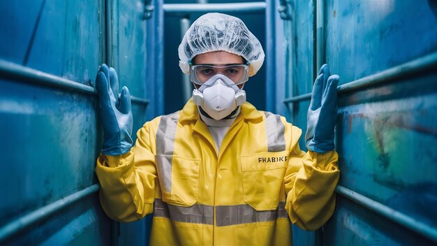 Technologist in protective uniform wearing hairnet mask goggles and gloves closing industrial tank