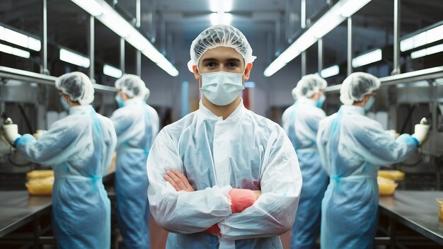 Photo technologist in protective white suit with hairnet and mask standing in food factory