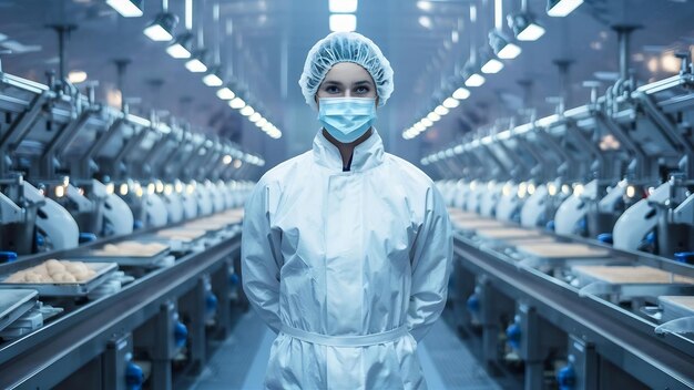 Photo technologist in protective white suit with hairnet and mask standing in food factory