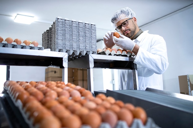 Technologist in white coat and hairnet inspecting industrially produced eggs in food processing plant or farm.