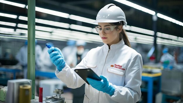 Technologist in white uniform checking quality in industrial production factory