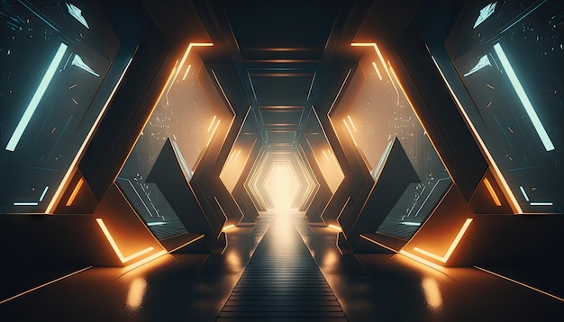 Technology abstract corridor neon light background empty space scene spaceship with Generative AI