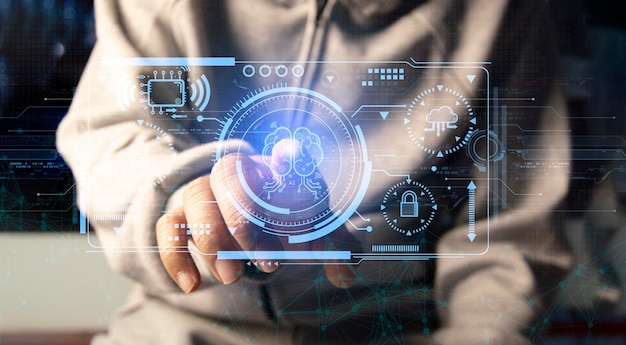 technology ai artificial intelligence a person who uses artificial intelligence ai smart robot technology by inputting commands to create something future technological changes