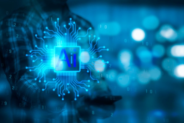 テクノロジー AI 手 仮想画面 人工 未来 情報 学習 ネットワーク サイエンス テック ビジネス 未来 インターフェース ロボット モダン インテリジェンス 接続 サイバースペースのイノベーション
