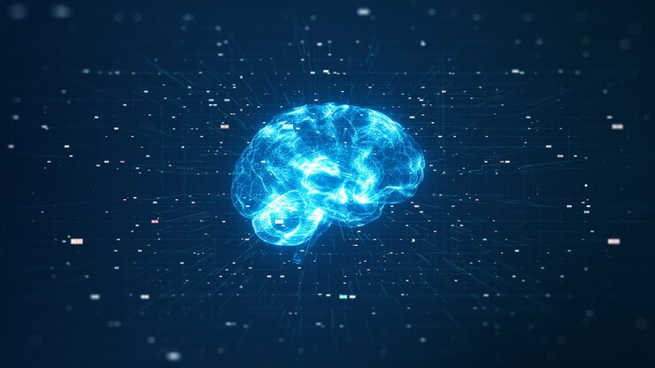 기술 인공 지능(AI) 두뇌 애니메이션 디지털 데이터 개념입니다. 빅 데이터 흐름 분석. 딥 러닝 현대 기술. 미래형 사이버 기술 혁신. 빠른 디지털 네트워크.