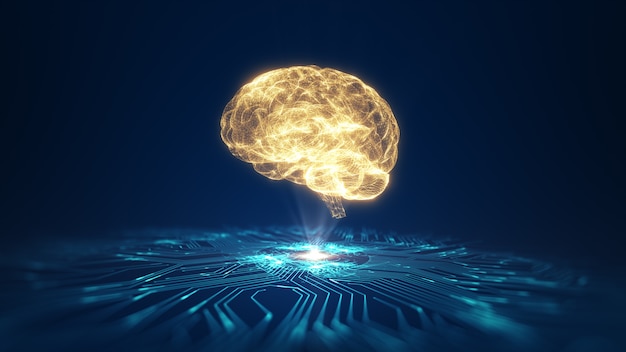 기술 인공 지능 (AI) 두뇌 애니메이션 디지털 데이터 개념. 빅 데이터 흐름 분석. 딥 러닝 현대 기술. 미래형 사이버 기술 혁신. 빠른 디지털 네트워크.