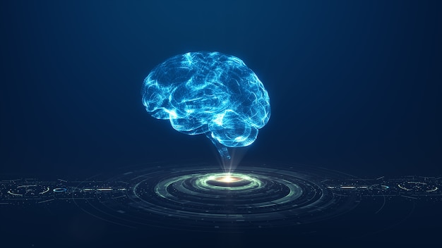 기술 인공 지능 (AI) 두뇌 애니메이션 디지털 데이터 개념. 빅 데이터 흐름 분석. 딥 러닝 현대 기술. 미래형 사이버 기술 혁신. 빠른 디지털 네트워크.