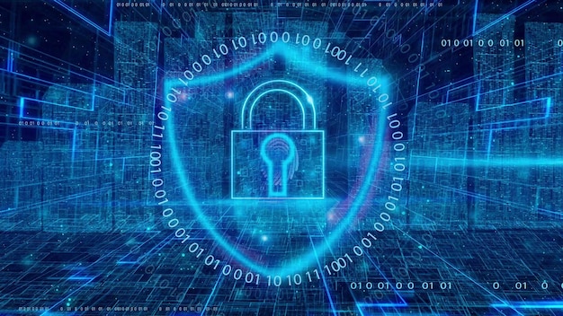 technology background abstract cyber security system pad lock with finger print icon