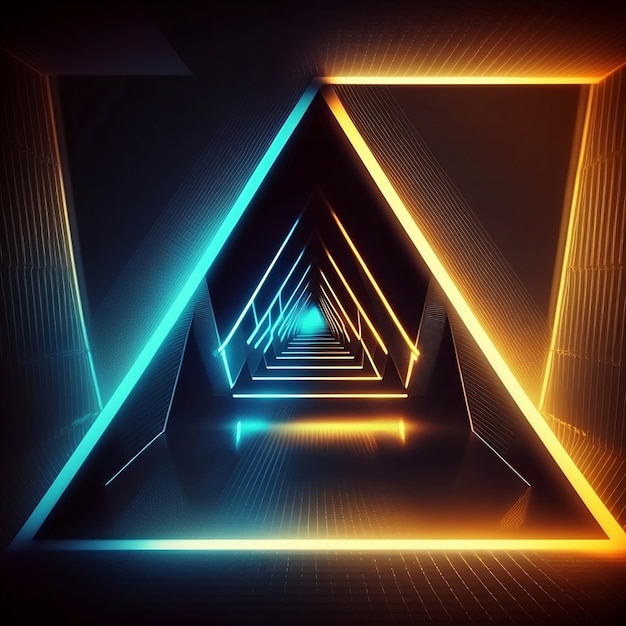 Технологический фон Абстрактный треугольный туннель Фон неоновых огней в цифровые технологии