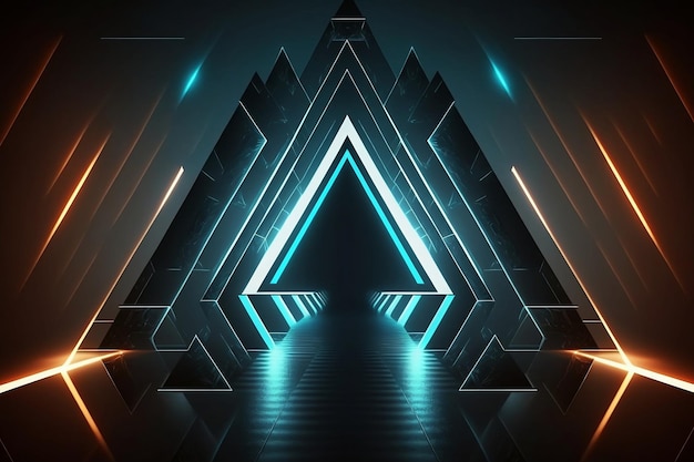 Technology background Abstract Triangle tunnel Background neon lights into digital technology