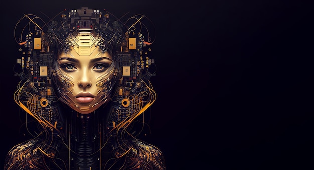 Technology background Female face robot Advanced artificial intelligence data flow concept