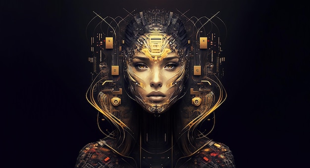 テクノロジーの背景 女性の顔のロボット 高度な人工知能データ フローの概念