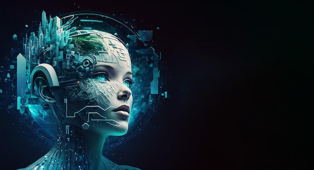 기술 배경 여성 얼굴 로봇 인공 지능 데이터 흐름 개념 생성 AI