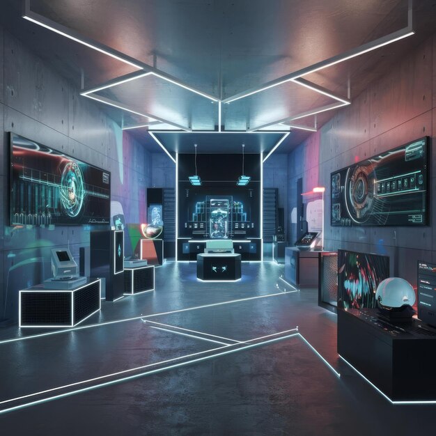 technology background neon lights and lasers show room modern showroom 3d illustration