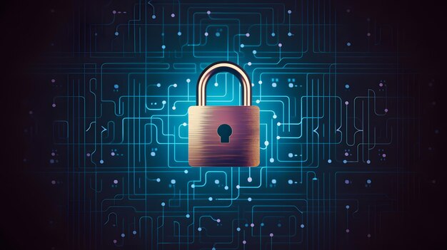 Technology background with circuit board and lock symbolizes digital data security