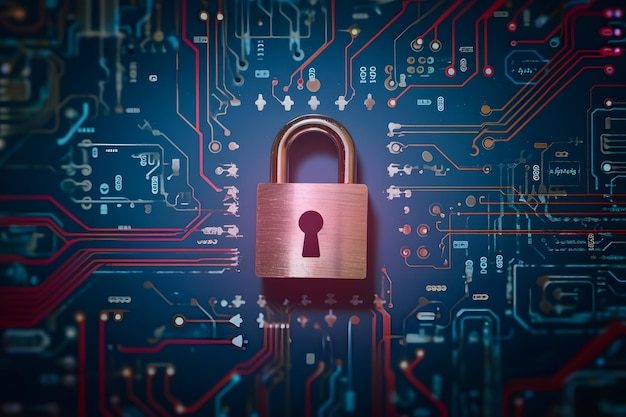 Technology background with circuit board and lock symbolizes digital data security