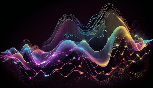 Technology background with connected dots on 3D wave landscape Ai generative