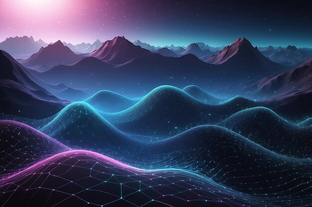 Technology background with connected dots on 3D wave landscape Data science particles digital world