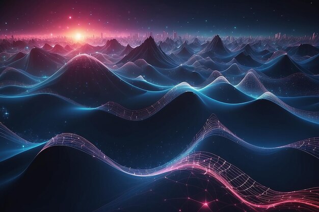 Technology background with connected dots on 3D wave landscape Data science particles digital world