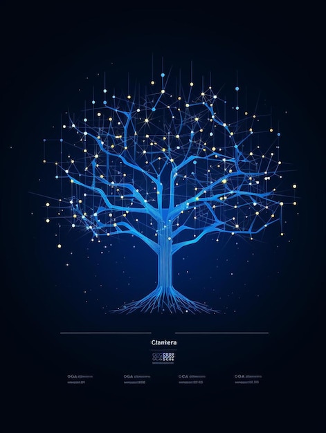 Foto tecnologia grande rete di alberi di dati su sfondo blu scuro