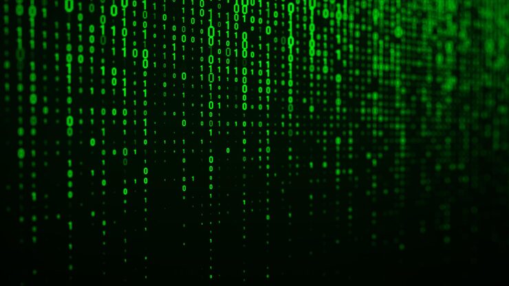 Photo technology binary code random falling digits on screen hacked software matrix sciense background big data analytics 3d rendering