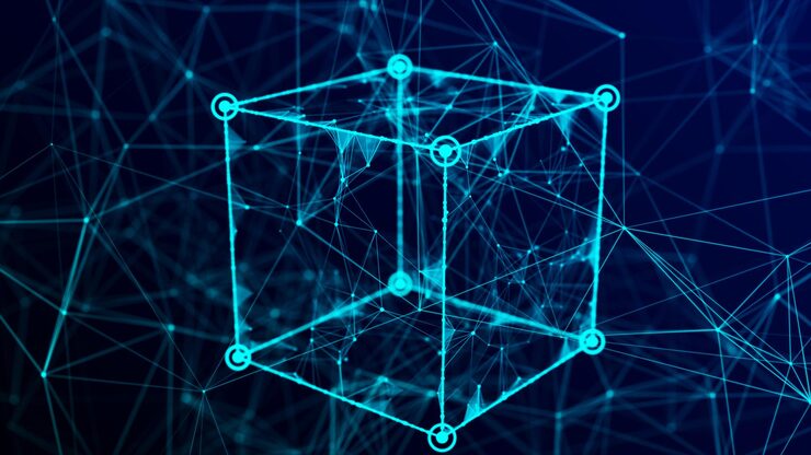 Photo technology block chain network connection big data visualization cyber security background cube consisting of block 3d rendering