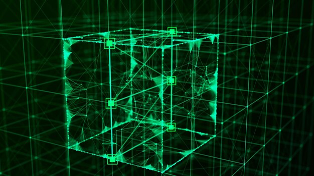 Technology block chain network connection Big data visualization Cyber security background Cube consisting of block 3D rendering