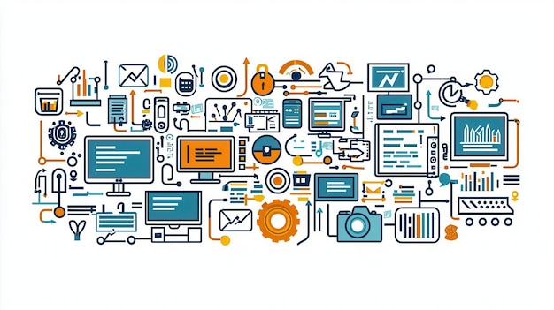 technology and coding icons with computers code snippets and gears for software developers isolated on solid white background