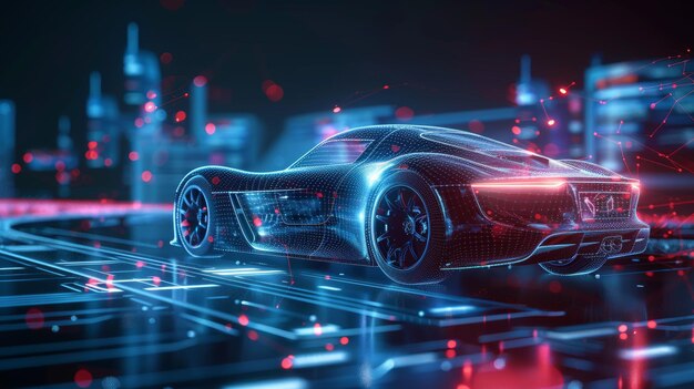 Technology concept of a modern car with wireframe intersection 3D illustration