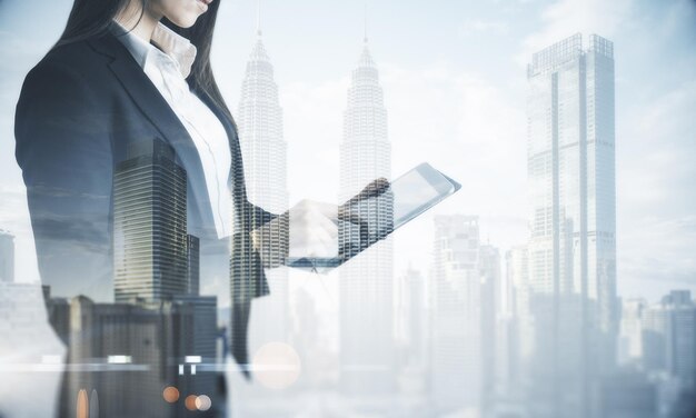 Photo technology concept with businesswoman with digital tablet on city skyscrapers background