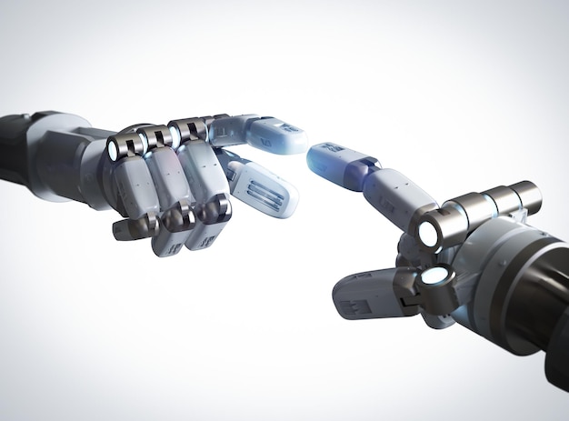 Concetto di connessione tecnologica con rendering 3d puntamento della mano robotica