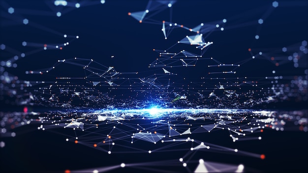 Технология подключения цифровых данных и концепция больших данных. Абстрактные линии и точки соединяют фон. футуристическая форма. Компьютерный абстрактный фон. 3D-рендеринг.