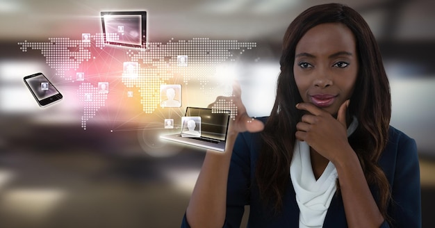 Technology devices interface and Businesswoman touching air in front of office windows