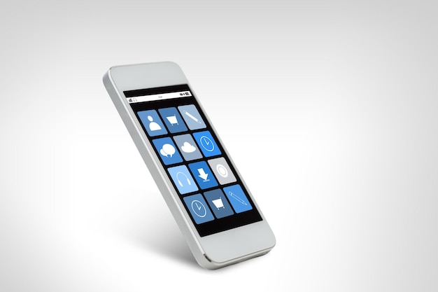 technology, electronics and advertisement concept - white smarthphone with application icons on screen